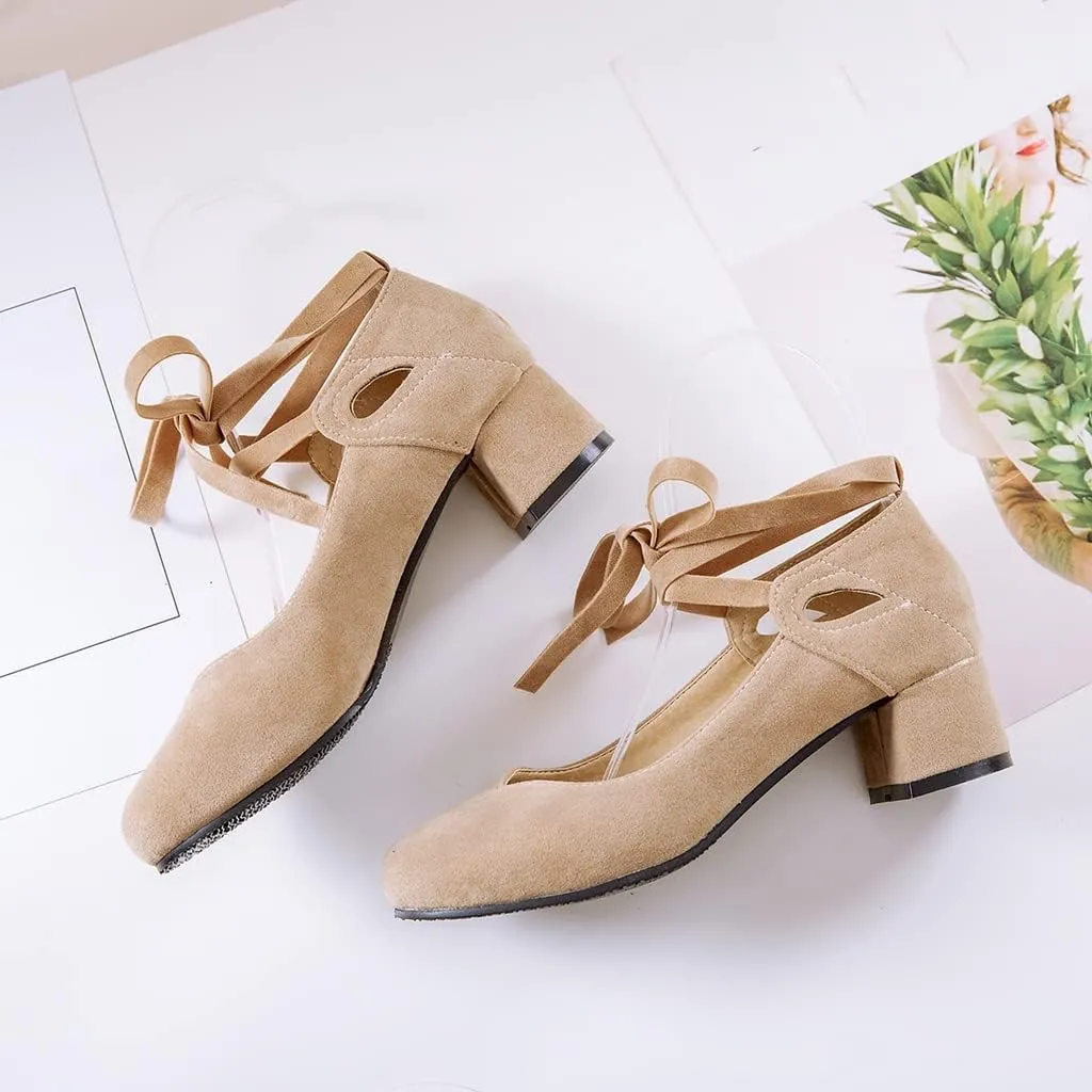 Women's Chunky Mid Block Heel Pumps Suede Square Toe Ankle Strap Comfortable Office Dress Shoes