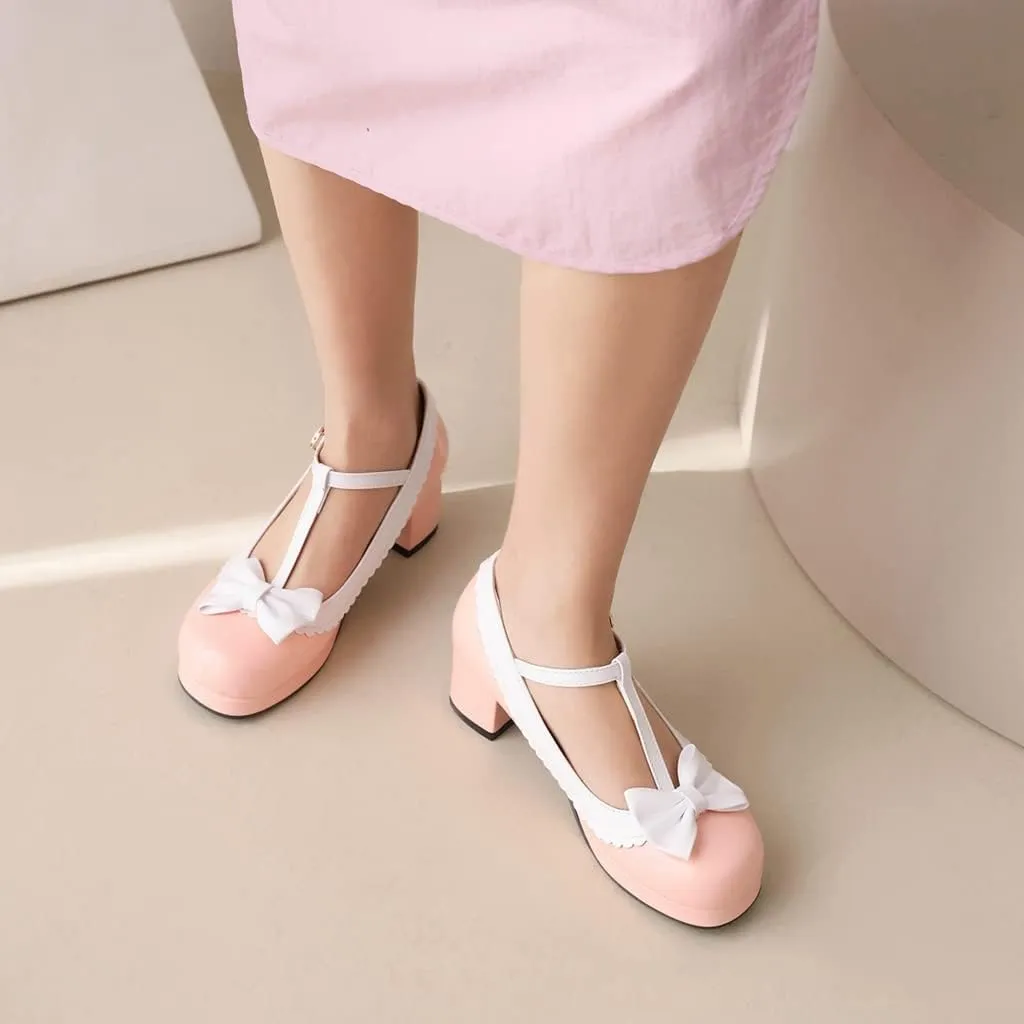 Women's Lolita T-Strap Bow Ankle Strap Mary Jane Pumps Round Toe Platform Chunky Mid Heel Dress Shoes
