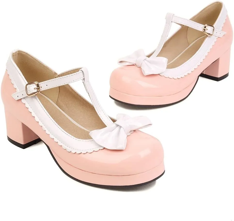 Women's Lolita T-Strap Bow Ankle Strap Mary Jane Pumps Round Toe Platform Chunky Mid Heel Dress Shoes