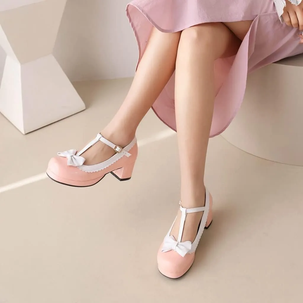 Women's Lolita T-Strap Bow Ankle Strap Mary Jane Pumps Round Toe Platform Chunky Mid Heel Dress Shoes