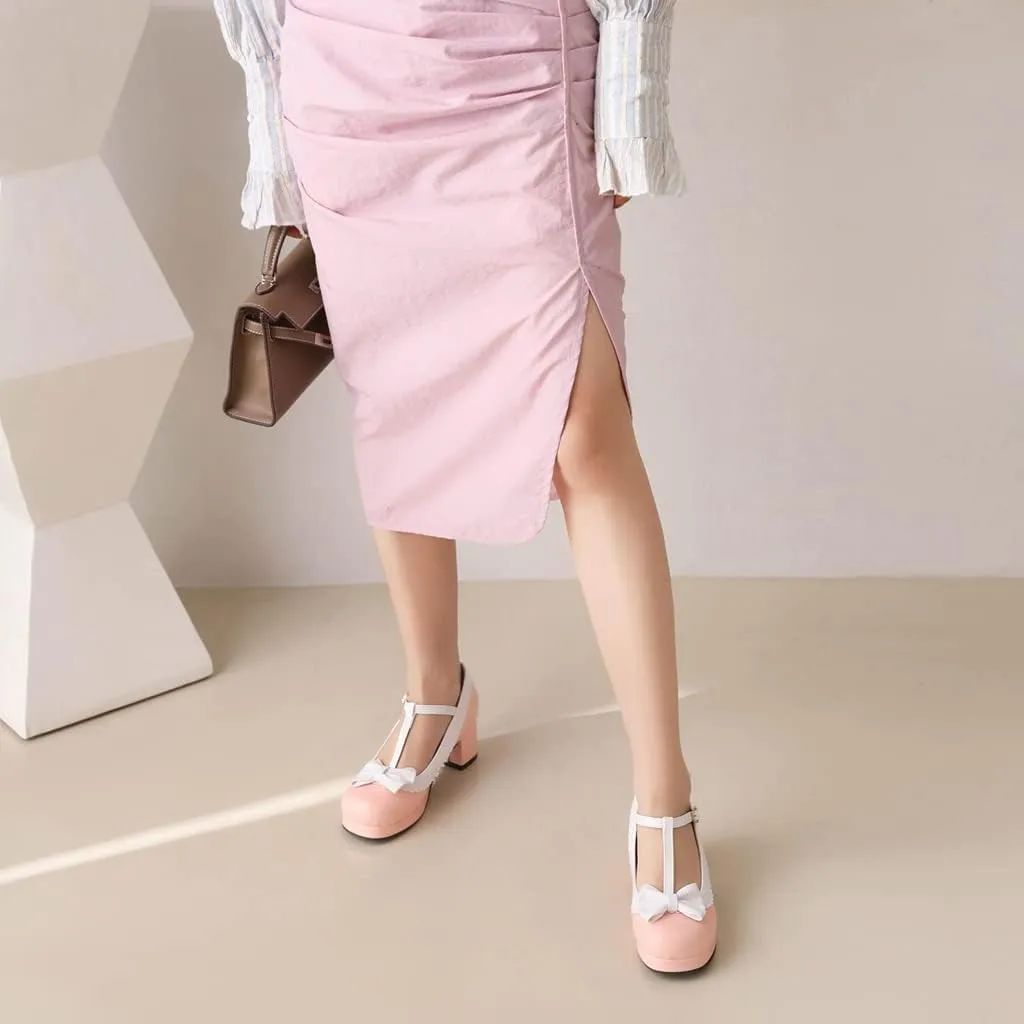 Women's Lolita T-Strap Bow Ankle Strap Mary Jane Pumps Round Toe Platform Chunky Mid Heel Dress Shoes