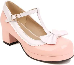 Women's Lolita T-Strap Bow Ankle Strap Mary Jane Pumps Round Toe Platform Chunky Mid Heel Dress Shoes