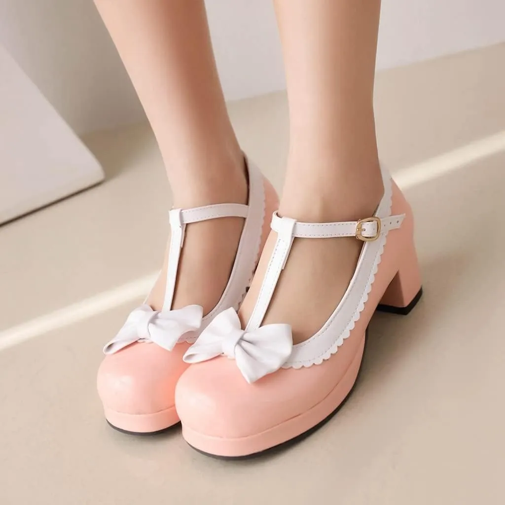 Women's Lolita T-Strap Bow Ankle Strap Mary Jane Pumps Round Toe Platform Chunky Mid Heel Dress Shoes