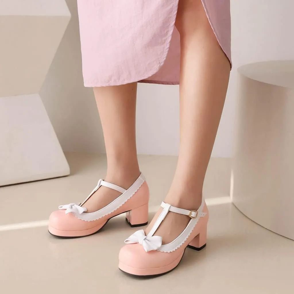 Women's Lolita T-Strap Bow Ankle Strap Mary Jane Pumps Round Toe Platform Chunky Mid Heel Dress Shoes