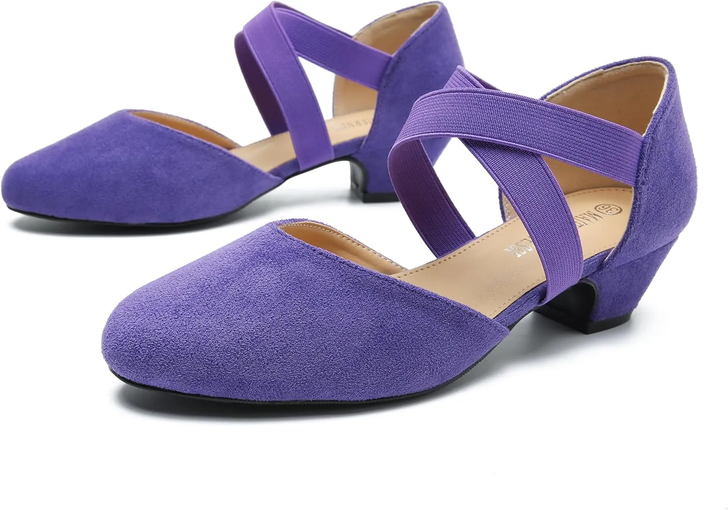 Women's Low Chunky Heel Pumps Elastic Crisscross Strap Pull On Dress Dance Shoes