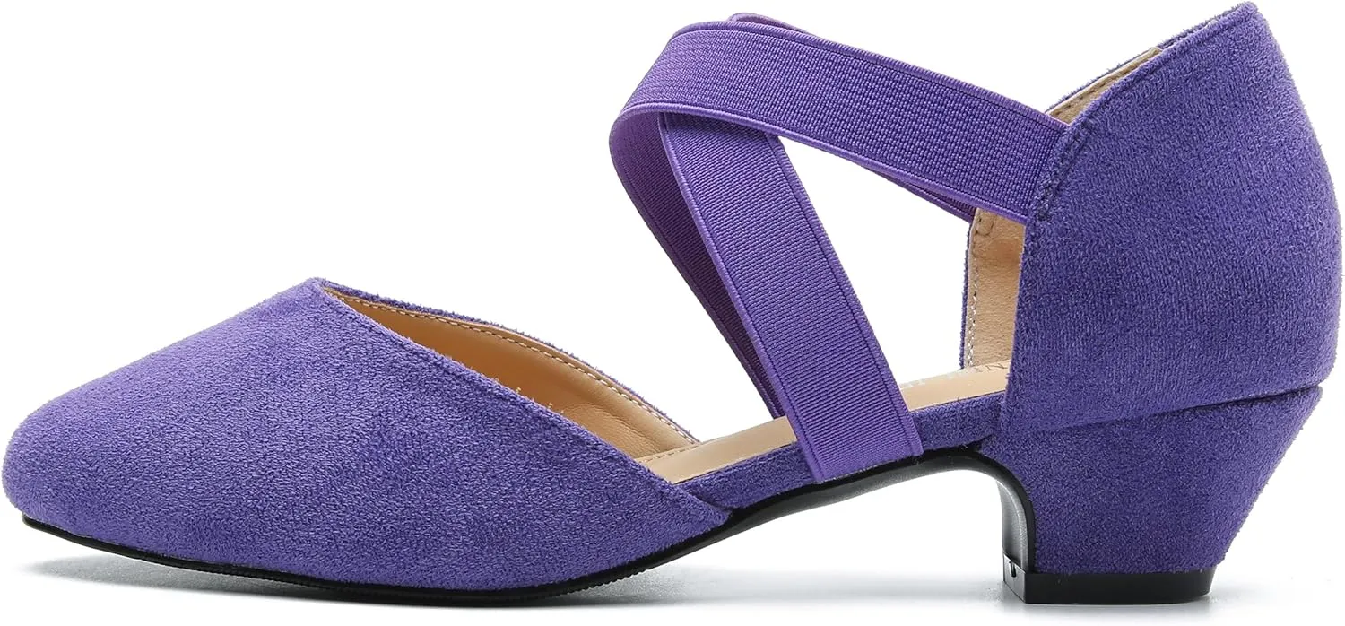 Women's Low Chunky Heel Pumps Elastic Crisscross Strap Pull On Dress Dance Shoes