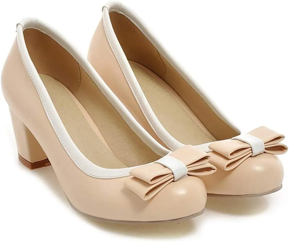 Womens Mid Block Heel Pump Closed Toe Bow Tie Shoes