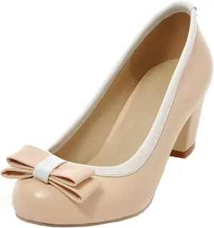 Womens Mid Block Heel Pump Closed Toe Bow Tie Shoes