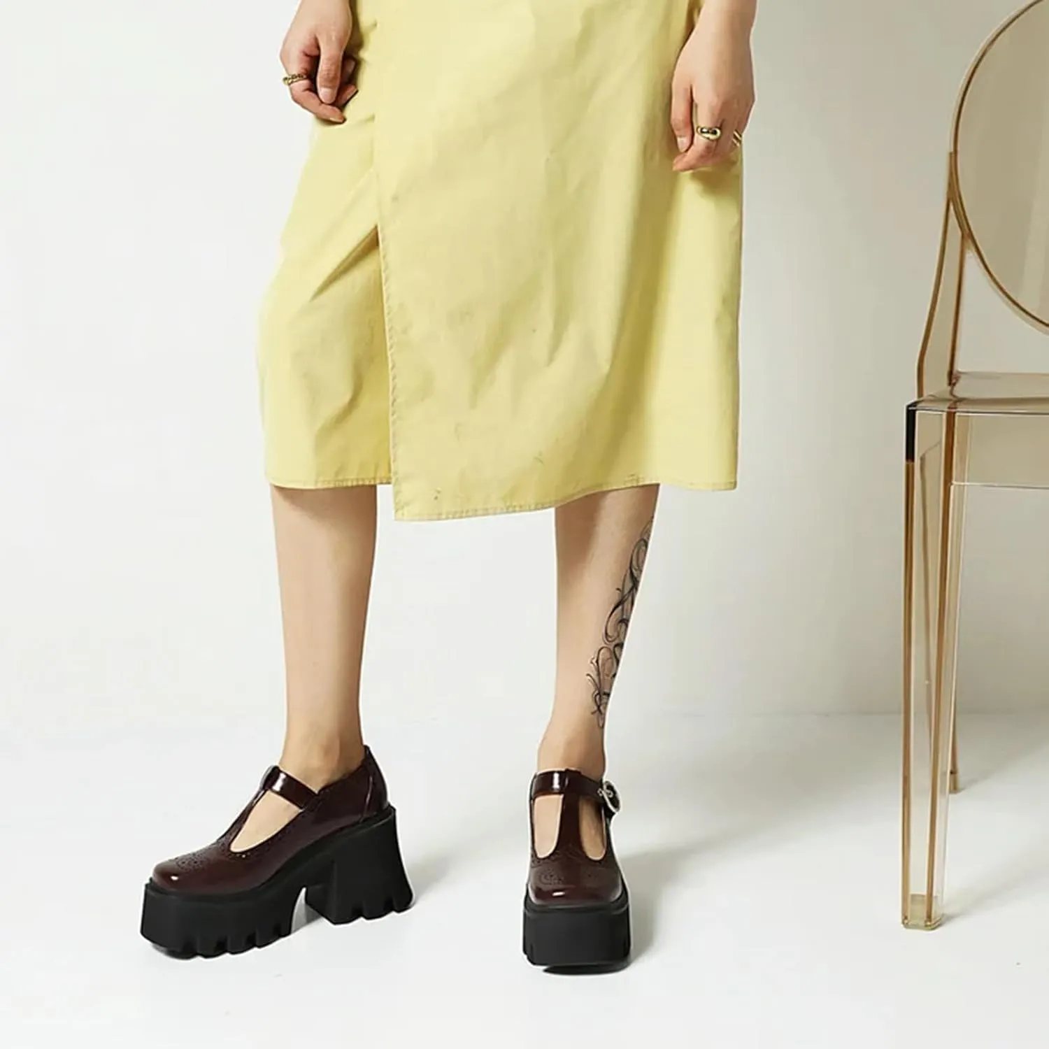 Women's Retro Wingtip T Strap Lug Sole Platform Mary Janes Shoes Fashion Round Toe Adjustable Buckle Chunky Heel Pumps Increase Height Lolita Oxfords Dress Shoes