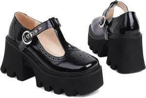 Women's Retro Wingtip T Strap Lug Sole Platform Mary Janes Shoes Fashion Round Toe Adjustable Buckle Chunky Heel Pumps Increase Height Lolita Oxfords Dress Shoes