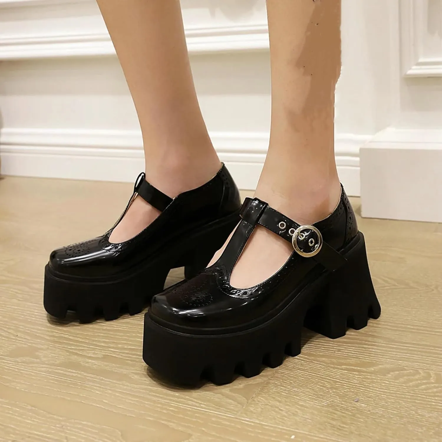 Women's Retro Wingtip T Strap Lug Sole Platform Mary Janes Shoes Fashion Round Toe Adjustable Buckle Chunky Heel Pumps Increase Height Lolita Oxfords Dress Shoes