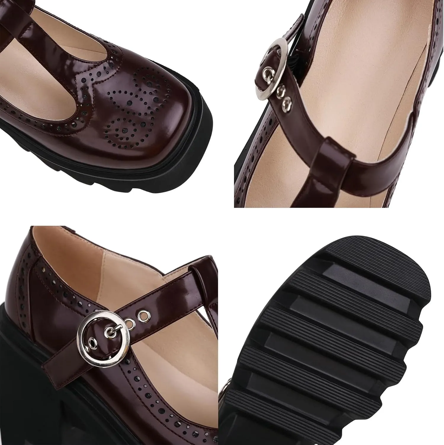Women's Retro Wingtip T Strap Lug Sole Platform Mary Janes Shoes Fashion Round Toe Adjustable Buckle Chunky Heel Pumps Increase Height Lolita Oxfords Dress Shoes