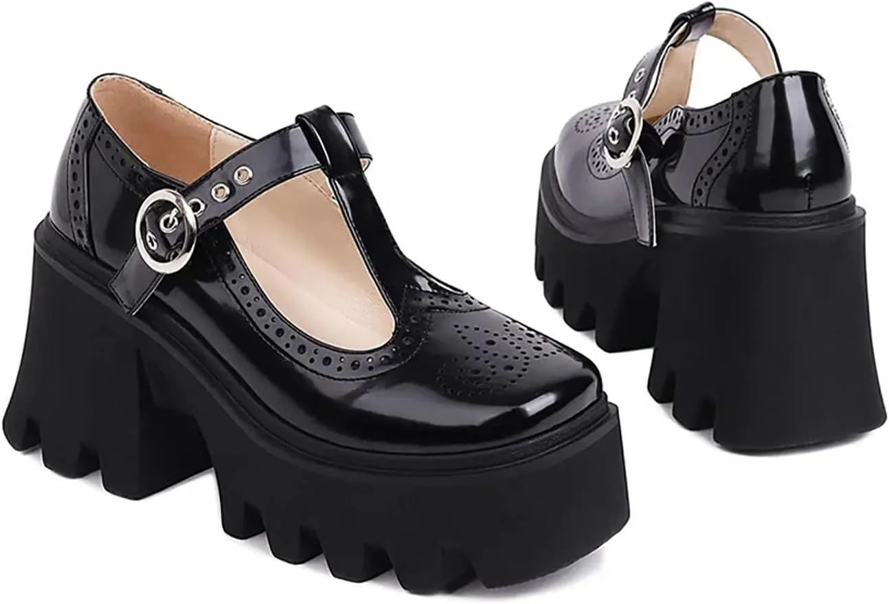 Women's Retro Wingtip T Strap Lug Sole Platform Mary Janes Shoes Fashion Round Toe Adjustable Buckle Chunky Heel Pumps Increase Height Lolita Oxfords Dress Shoes