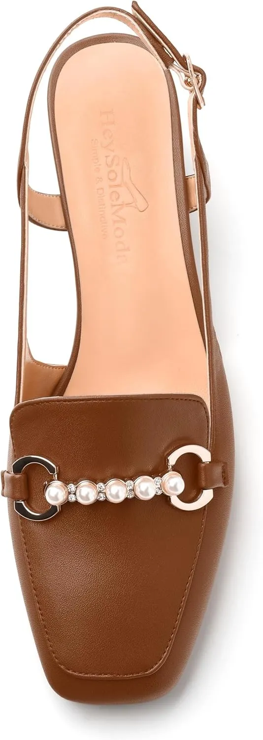 Womens Slingback Pumps, Mid Chunky Heel Square Toe Leather Insole Pumps for Women, Pearl Pump Shoes 2"
