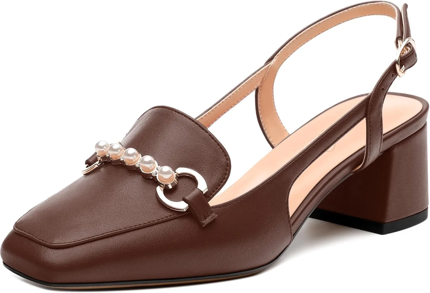 Womens Slingback Pumps, Mid Chunky Heel Square Toe Leather Insole Pumps for Women, Pearl Pump Shoes 2"