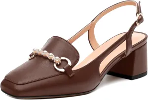 Womens Slingback Pumps, Mid Chunky Heel Square Toe Leather Insole Pumps for Women, Pearl Pump Shoes 2"