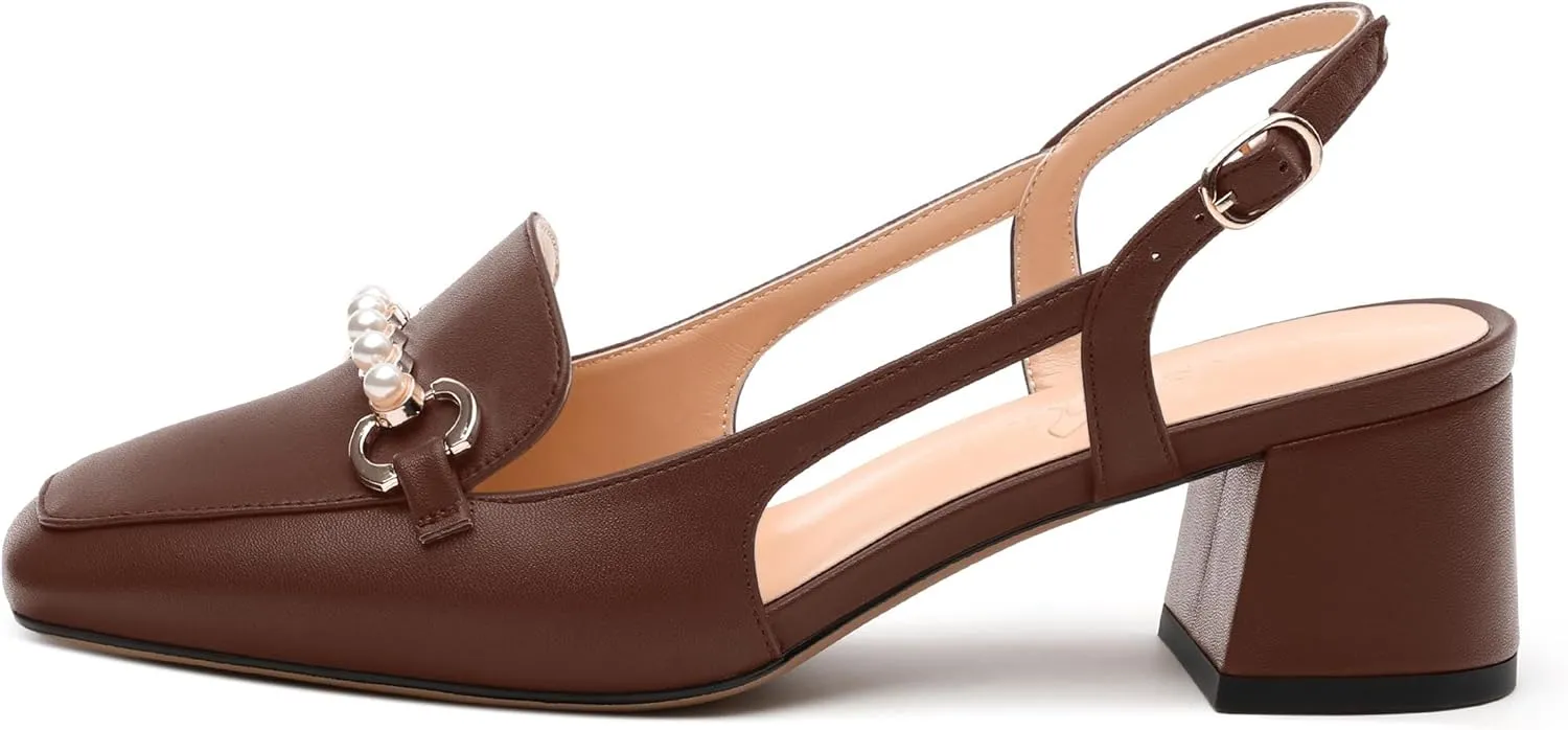 Womens Slingback Pumps, Mid Chunky Heel Square Toe Leather Insole Pumps for Women, Pearl Pump Shoes 2"