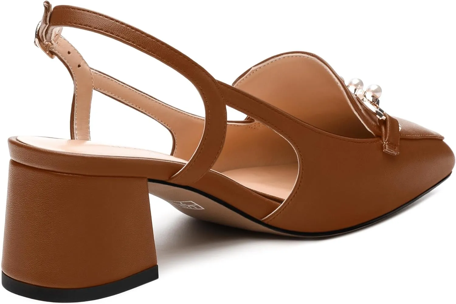Womens Slingback Pumps, Mid Chunky Heel Square Toe Leather Insole Pumps for Women, Pearl Pump Shoes 2"