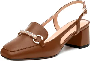 Womens Slingback Pumps, Mid Chunky Heel Square Toe Leather Insole Pumps for Women, Pearl Pump Shoes 2"