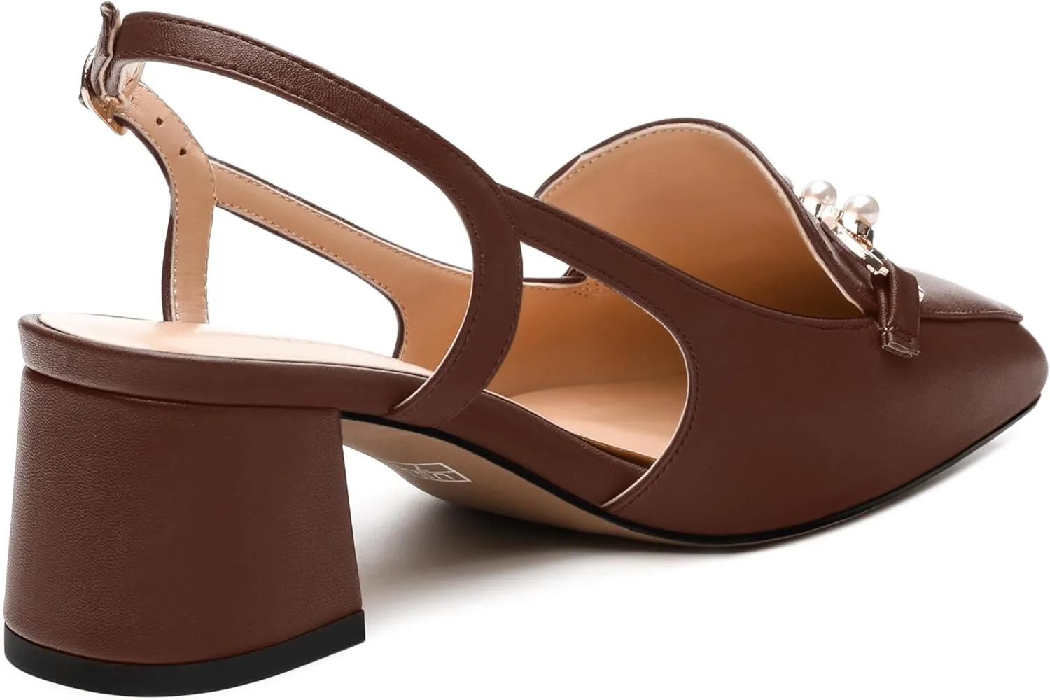 Womens Slingback Pumps, Mid Chunky Heel Square Toe Leather Insole Pumps for Women, Pearl Pump Shoes 2"