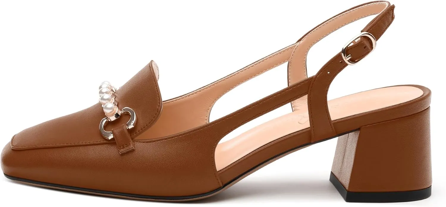 Womens Slingback Pumps, Mid Chunky Heel Square Toe Leather Insole Pumps for Women, Pearl Pump Shoes 2"