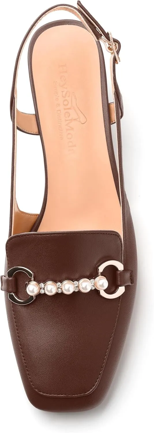 Womens Slingback Pumps, Mid Chunky Heel Square Toe Leather Insole Pumps for Women, Pearl Pump Shoes 2"