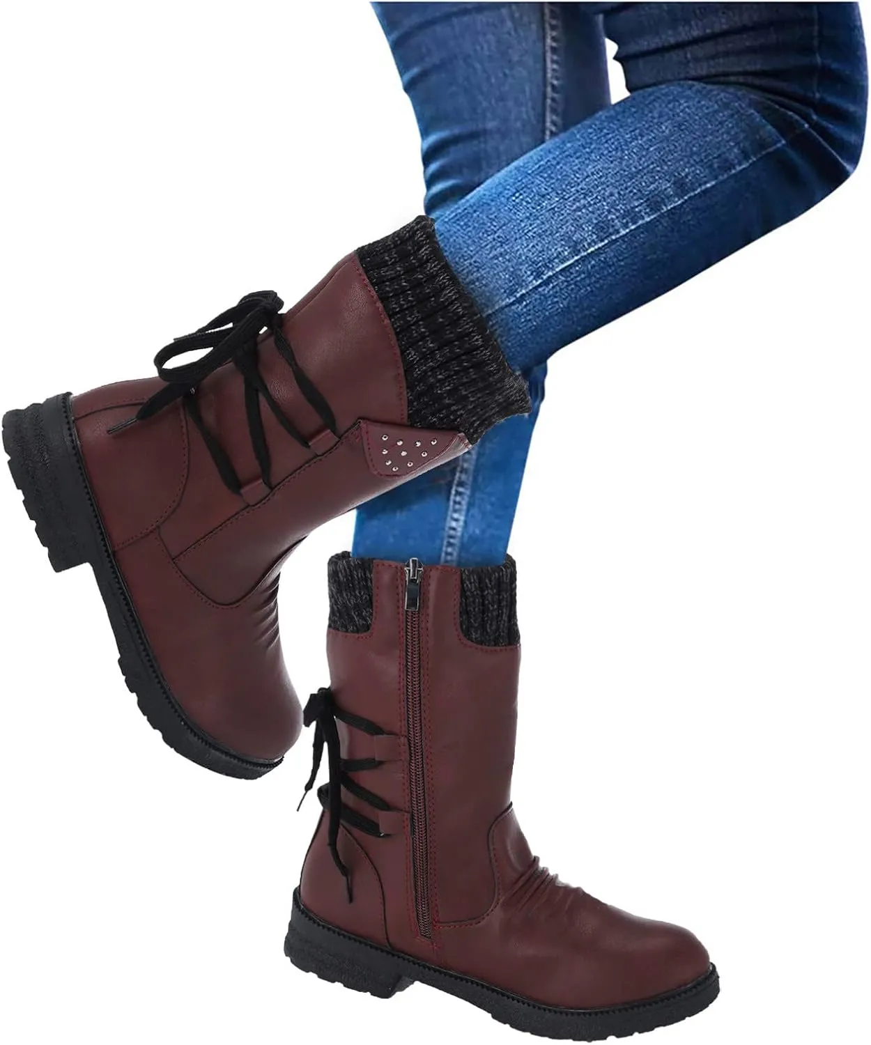 Womens Snow Boots Knit Calf Waterproof Winter Boots Non-slip Fuzzy Fur Booties Lightweight Slip on Ankle Boots Comfortable Winter Shoes Trekking Shoes
