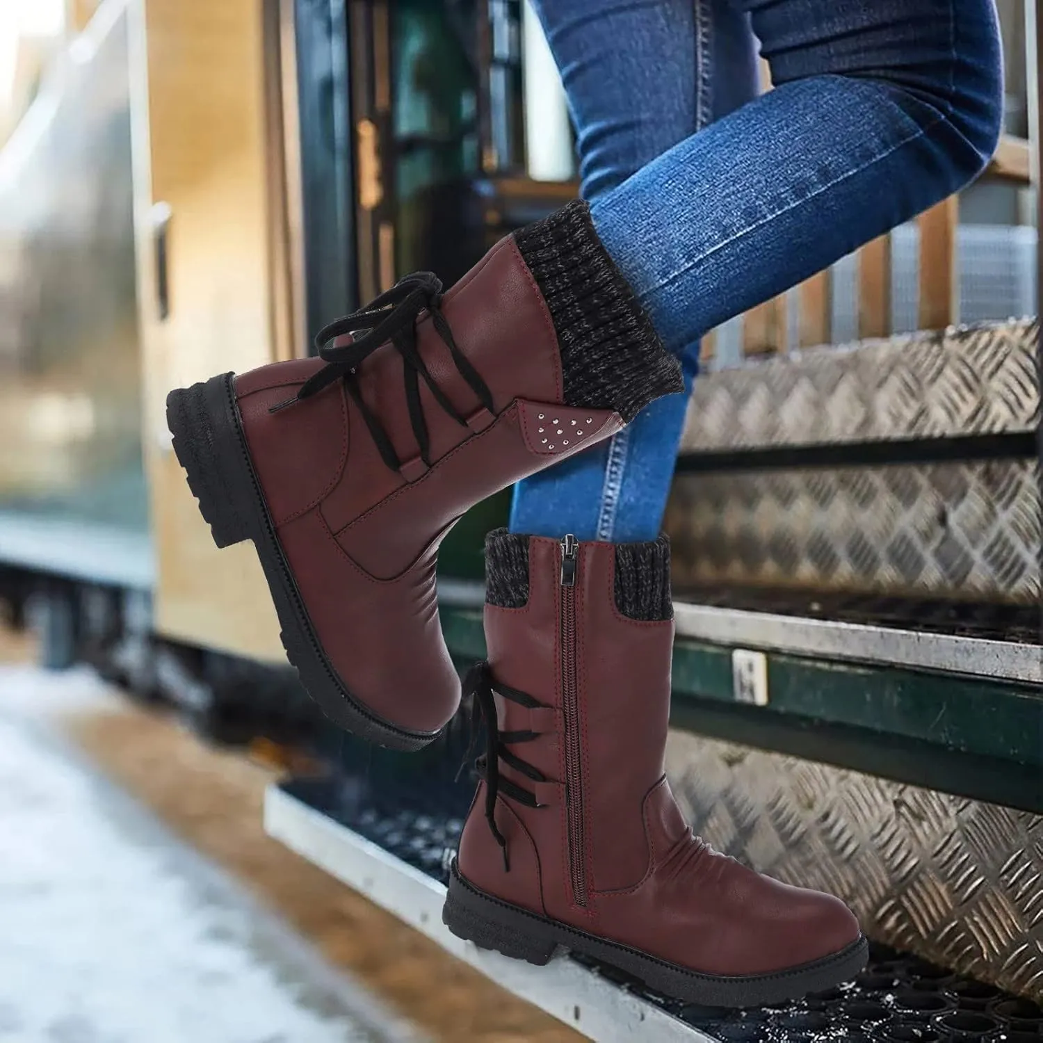 Womens Snow Boots Knit Calf Waterproof Winter Boots Non-slip Fuzzy Fur Booties Lightweight Slip on Ankle Boots Comfortable Winter Shoes Trekking Shoes
